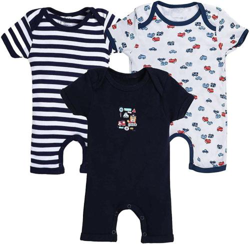 MM IMPEX Baby Boys and Girls Navy Blue Printed Cotton Blend Pack of 3 Romper 9-12 MONTHS| Rompers |Sleepsuits | Jumpsuit |Body suits