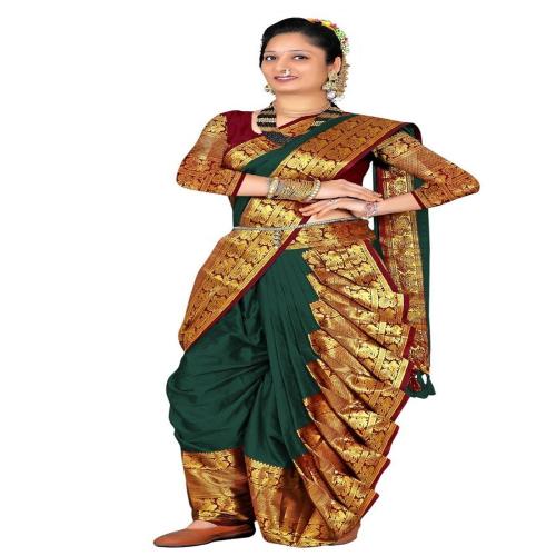 TREFLIN Women's Cotton Soft Silk Nauvari Saree Marathi Maharastrian Full Stitched Saree With Contrast Blouse Piece (Dark Green)