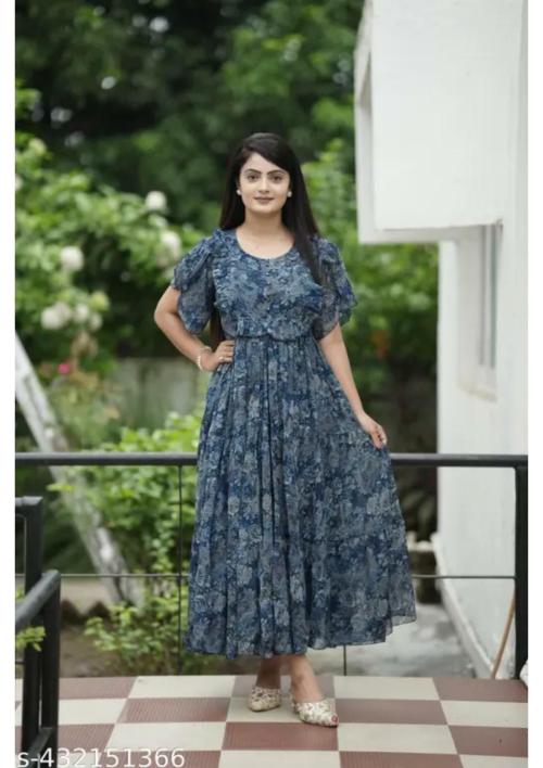Amar Fashion Women's Heavy Georgette Gown - Vibrant Colors And Adorable Patterns - Long Printed Gown With Fancy Sleeves Pattern - Perfect For Casual, Wedding, Party & Every Occasion (Colour - Blue) (Size -XXXL)