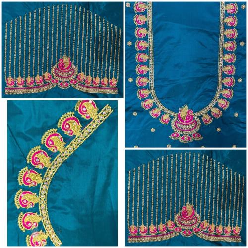 KESWI FAB HEAVY WOMEN'S COLLECTION NECKLACE DUCK MULTI THREAD EMBROIDERY DESIGN AKU PATTU(COTTON SILK) BLOUSE PIECE (UN-STITCHED).
