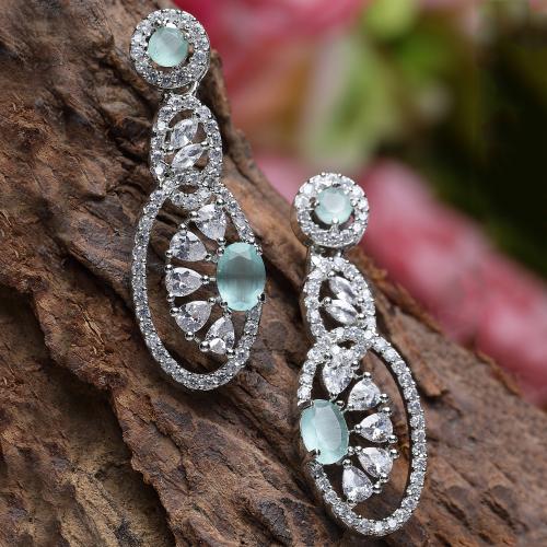 ZENEME Rhodium-Plated Sea Green American Diamond studded Oval & Quirky Shaped Drop Earrings