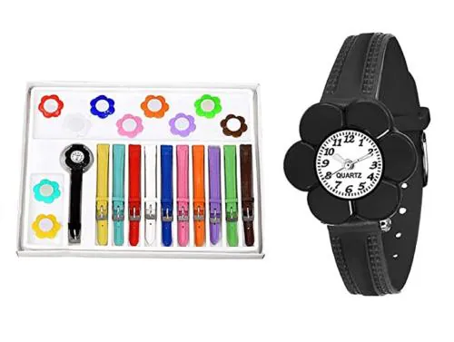 KIROH Analogue 11 belt PU Strap Interchangeable Chidren Girl's Watch ( Flower White Dial Multicolored Strap)