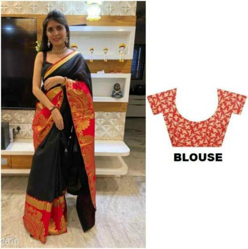 Vajiba Women Black Self Design Cotton Blend Festive Chanderi Saree With Unstitched Blouse Piece