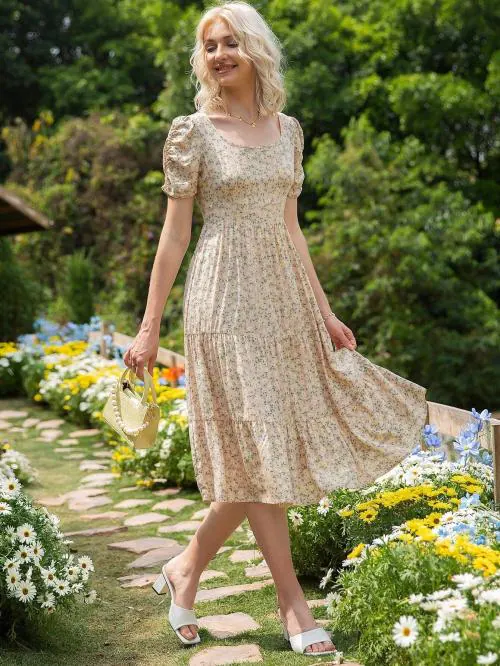 Clothzy Women's Cream Color V Neck Short Sleeve Lycra Dress