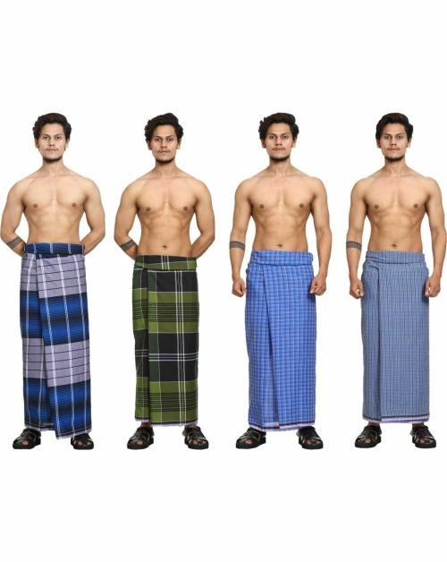 GOWRI TEX Men Multicolor Checkered Pure Cotton Lungi - Free Size (Pack of 4)