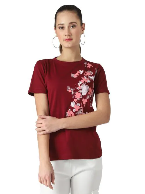 Popster Maroon Solid Cotton Round Neck Regular Fit Half Sleeve Womens T-shirt l women tshirt l tshirt for women