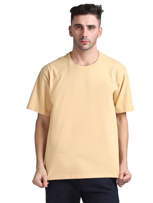 Hillberg Essentials Men's Short-Sleeve Round neck Solid T-Shirt (Camel Color/L-Size)