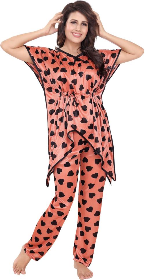 Loody'S Women Orange Printed Satin Nighty Set (Xl) | Satin Nighties | XL Nighties | Night wear | Sleepwear / Night Dress