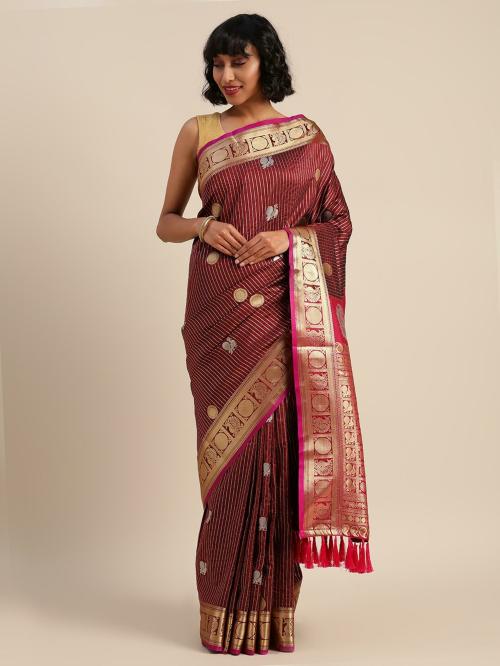 VASTRANAND Women Brown Silk Blend Striped Saree