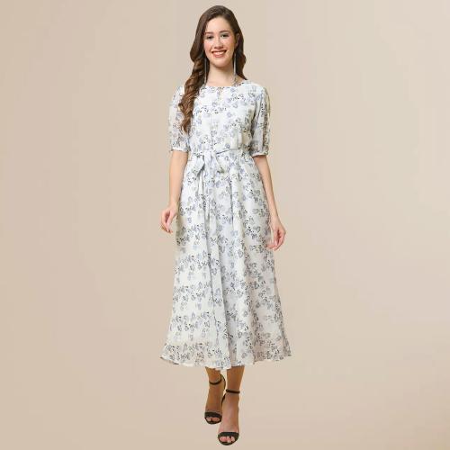 Fabflee Womens Georgette Floral Print A-line Dress | Dress | Women Dress | Western Dress | Printed Maxi Dress