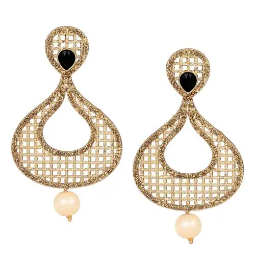 Jfl - Jewellery For Less Gold Plated Jali Pattern Stone And Lcd Diamond Studded Dangler Earrings For Women
