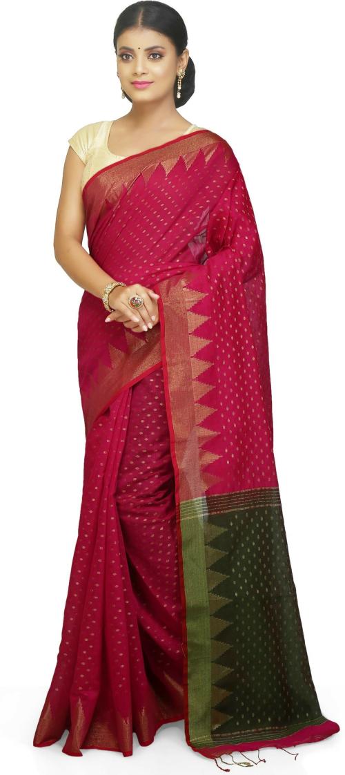 Woodentant Women Pink Woven, Self Design, Temple Border Cotton, Cotton Silk Saree