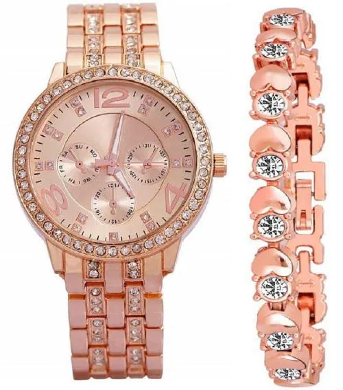Zuperia Diamond Studded Stylish Analogue Watch With Rose Gold Dot Bracelet Analog Watch - For Girls
