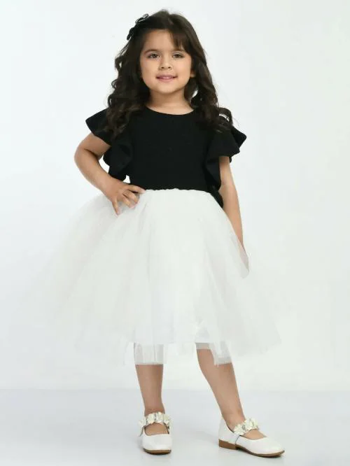 Bella Moda Satin Round Neck Party Wear Fit And Flair Solid Sleeveless Girls Dress Comes With Hairband Black