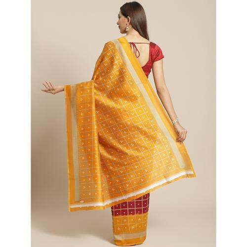 Marabout Women's Beautiful Orange And Maroon Block Print Saree