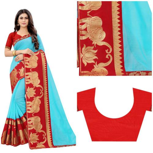 PARI DESIGNER Women Light Blue Woven Design Polycotton Single Saree