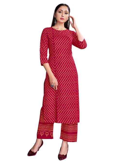 Rayon Foil Printed Red Colour Kurta and pant set for women and girls