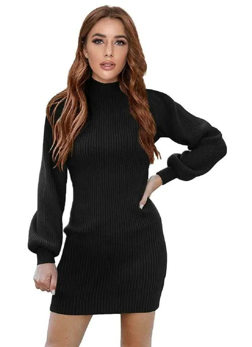 DENIMHOLIC Women's Cotton Turtle Neck Long Sleeve Knit Pullover Sweater Bodycon Above Knee Length Dress