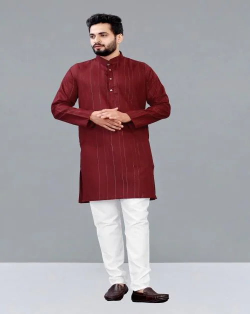 CRYSTAL REVENUE Men's Cotton Rayon Kurta Pajama Set For Festival And Wedding Wear (Maroon) - Medium