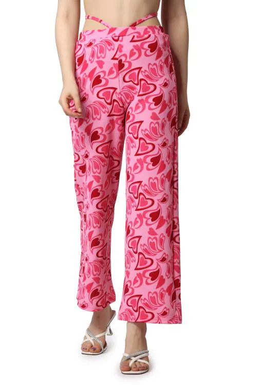 Popwings Women Casual Pink Heart Print High Rise Relaxed Trouser