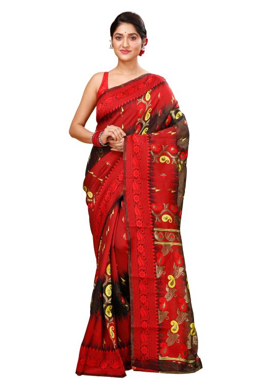 Happy creation Pure Bengali Cotton Tant Jamdani Saree without blouse piece lal kalo surat soft