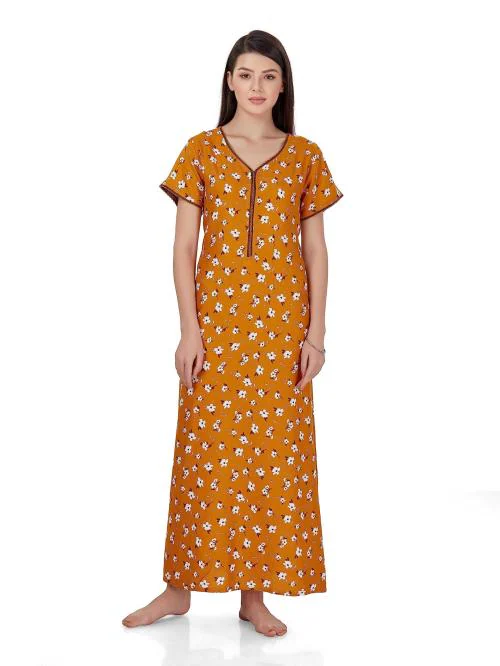 Evolove Women Mustard, White Floral Viscose Liva Long Maxi Night Gown Nighty Dress With Pocket (M)