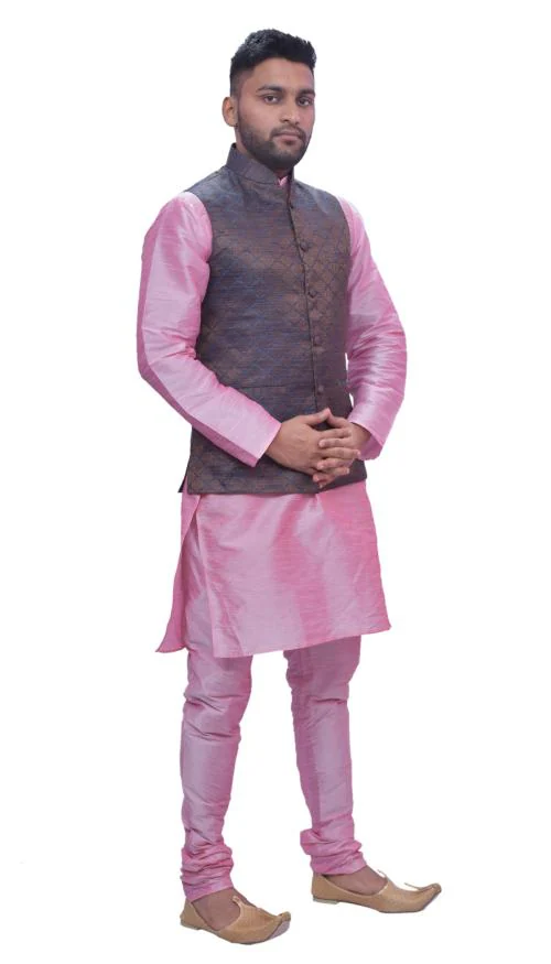HFP Men's Pink Matching Kurta Churidhar with Burly Wood Colour Waistcoat