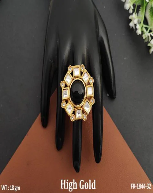OYE KUDIYE High Gold Polish Fancy Design Party wear beautiful Kundan Stones Kundan Finger Ring Dark Black