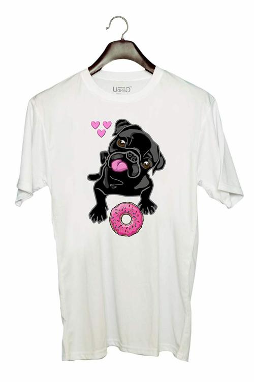 UDNAG Unisex Round Neck Graphic 'Pug & Doughnut | Black Pug with Pink Doughnut' Polyester T-Shirt White [Size XXS/34in to 7XL/56in]