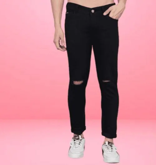 SRF Men Black Knee Cut Jeans