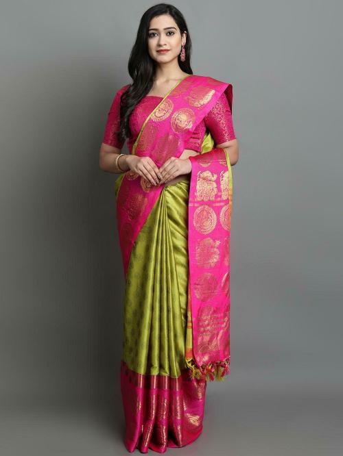 VILLAGIUS Woven Dharmavaram Jacquard Saree (Multicolor)