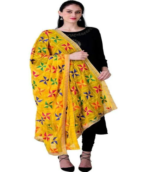 KAPS Punjabi Hand Embroidery Phulkari Faux Chiffon Dupatta, Stoles (Yellow)