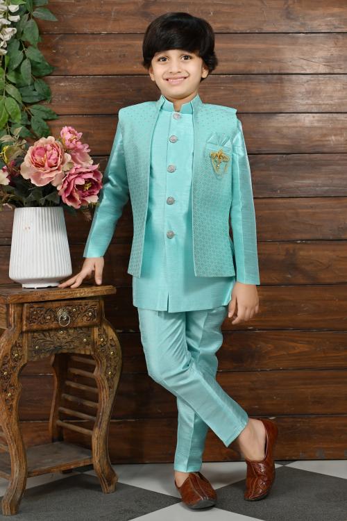 Ahhaaaa Kids Ethnic Silk Blend Zari Work Indo-Western Sherwani Set for Boys
