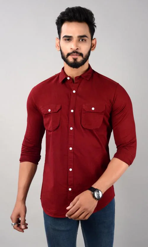 VILLAIN Men's Full Sleeve Cargo Shirt with Double Pocket - Red