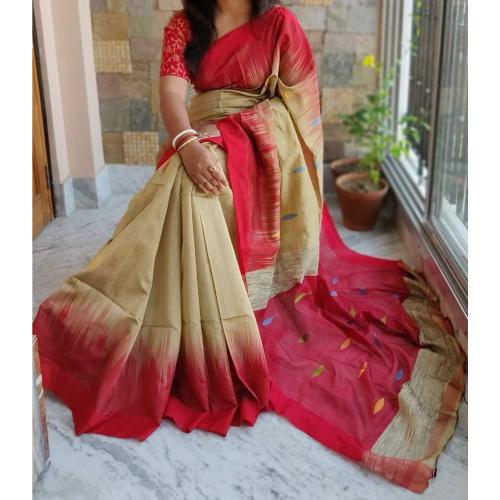 Grubstaker Beige Colour Mysore Silk Kalamkari Saree