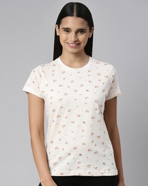 Kryptic Womens Egg White Printed Cotton Lounge Tshirt