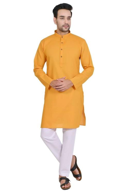 Sheriff Men's Cotton SolidMustard(Haldi) Kurta with Cotton Aligarhi Pyjama|Men's Kurta Pyjama|Festive Kurta Pyjama|