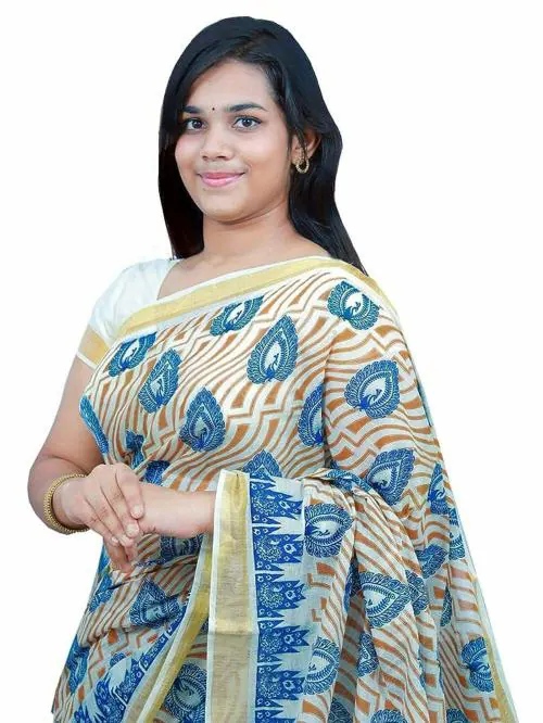LUNARA Women's pure Kerala Cotton Saree | Off White | with Running Blouse Piece | Hand Block Printed- Brown blue
