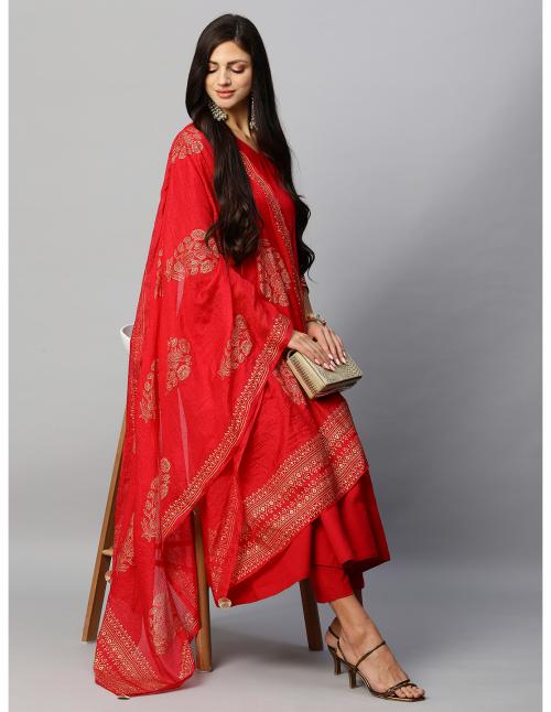 Anni Designer Women's Red Anarkali Solid Kurta with Trouser & Dupatta
