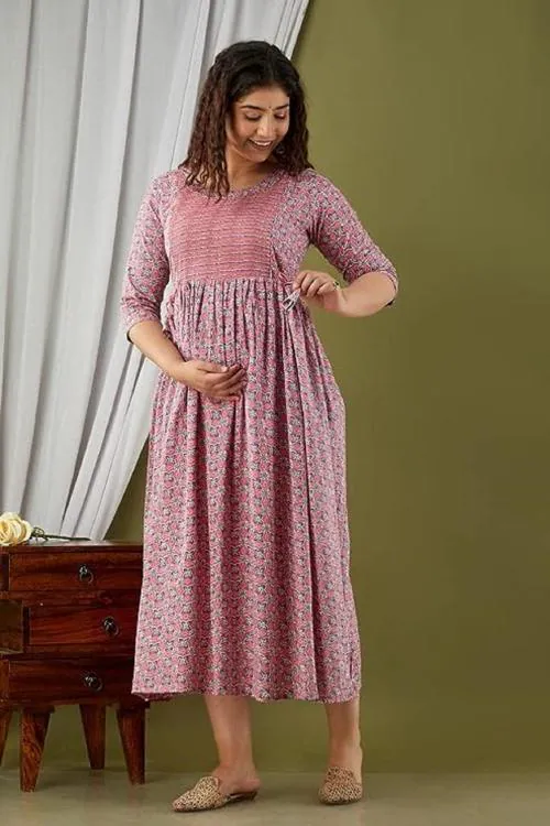 AAVRITTIQUEENS Cotton Anarkali Maternity Feeding Kurti with Zippers Maternity in Breathable