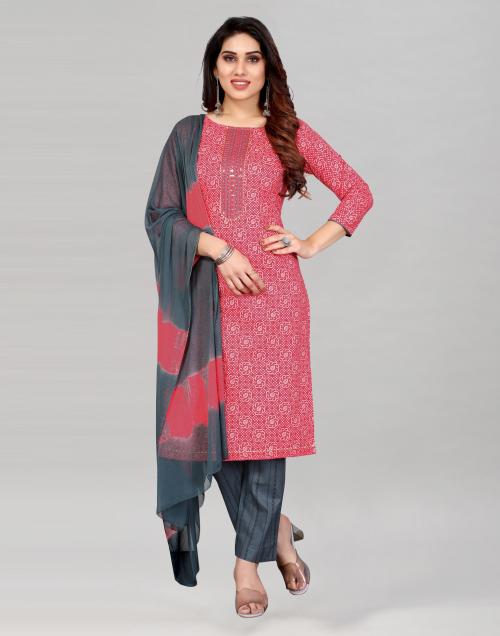 Siril Women Pink and Grey Checkered Cotton Blend Unstitched Salwar Suit Dress Material