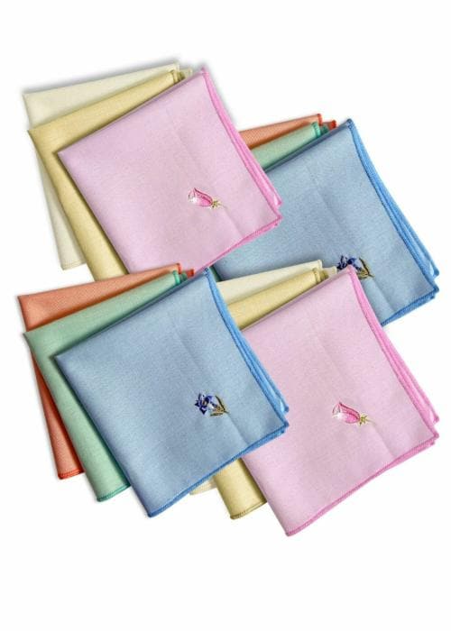 williwr Women's Embroidered Multi Color Pure Cotton Handkerchief, Color- Green/Orange/Blue/Pink/White/Yellow, Pack Of 12