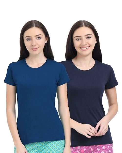 Buy Alphabet Women Navy Blue and True Blue Cotton pack of 2 T-Shirts, M ...