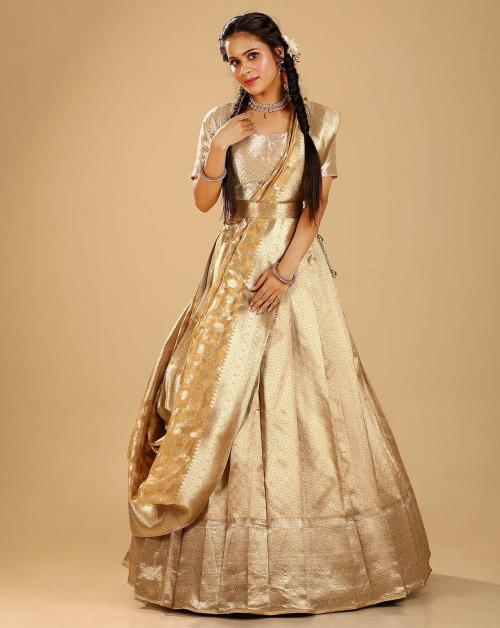 HALFSAREE STUDIO Beige Kanchipuram Silk Half Saree with Zari Woven