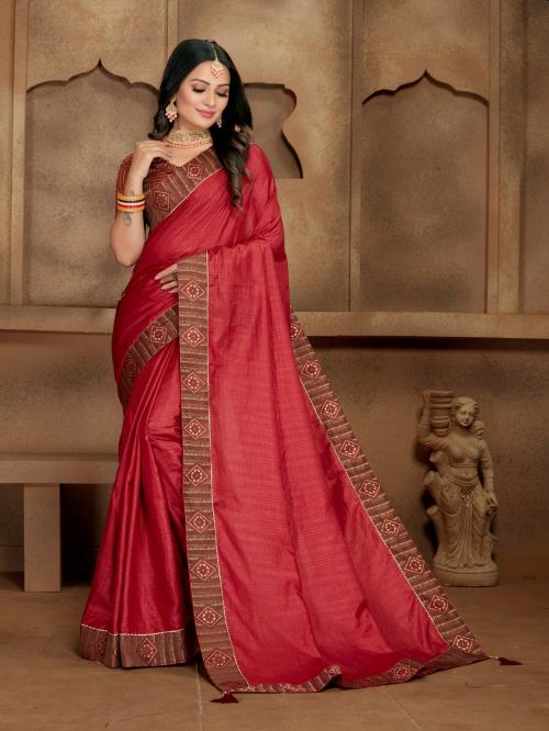 SWIFFIN Premium Collection Vichitra Silk Banarasi Red Saree For Women/Women Saree With Unstitched Blouse-SLOKA-RED