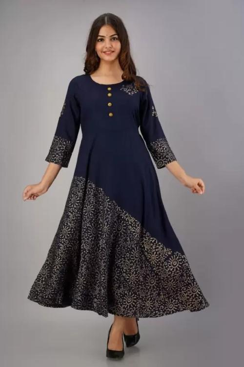 CPTAO Rayon Anarkali Kurti For Women & Girl's (Blue-XXXL)