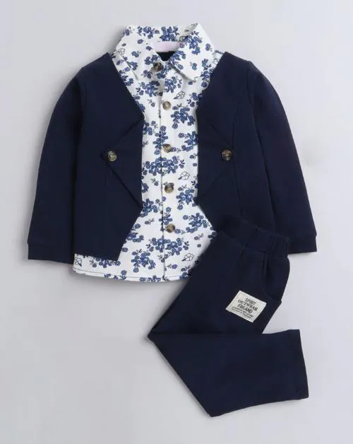 Hopscotch Baby Boys Cotton And Spandex Floral Print Shirt and Pant Set In Navy Colour For Ages 18-24 Months (SN-2620682)