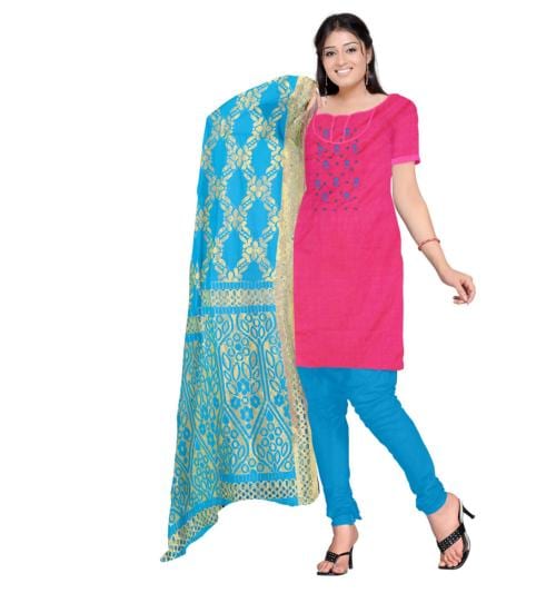 Jheenu Women's Pink Banarsi Silk Embroidered Unstitched Dress Material