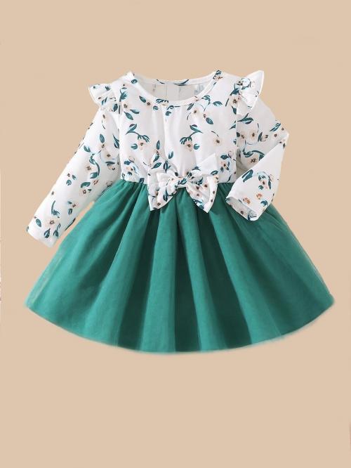Netra Creation Baby Printed Ruffle Trim Bow Midi/Knee Length Full Sleeve Infant Casual Baby Girls Party Dress