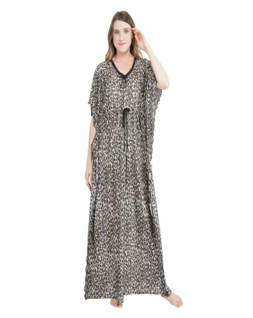 BEAUTY CRAZE Women's Digital Tiger Print Black Satin Kaftan Nighty Nightgown Maxy Nightdress